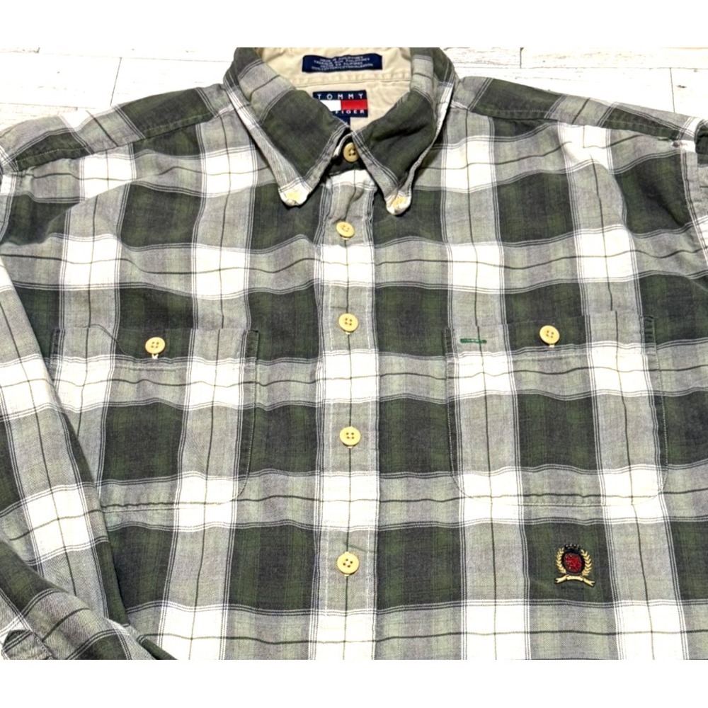 Vtg Tommy Hilfiger Crest Plaid Long Sleeve Flannel Shirt Mens XL Red Blue Pocket